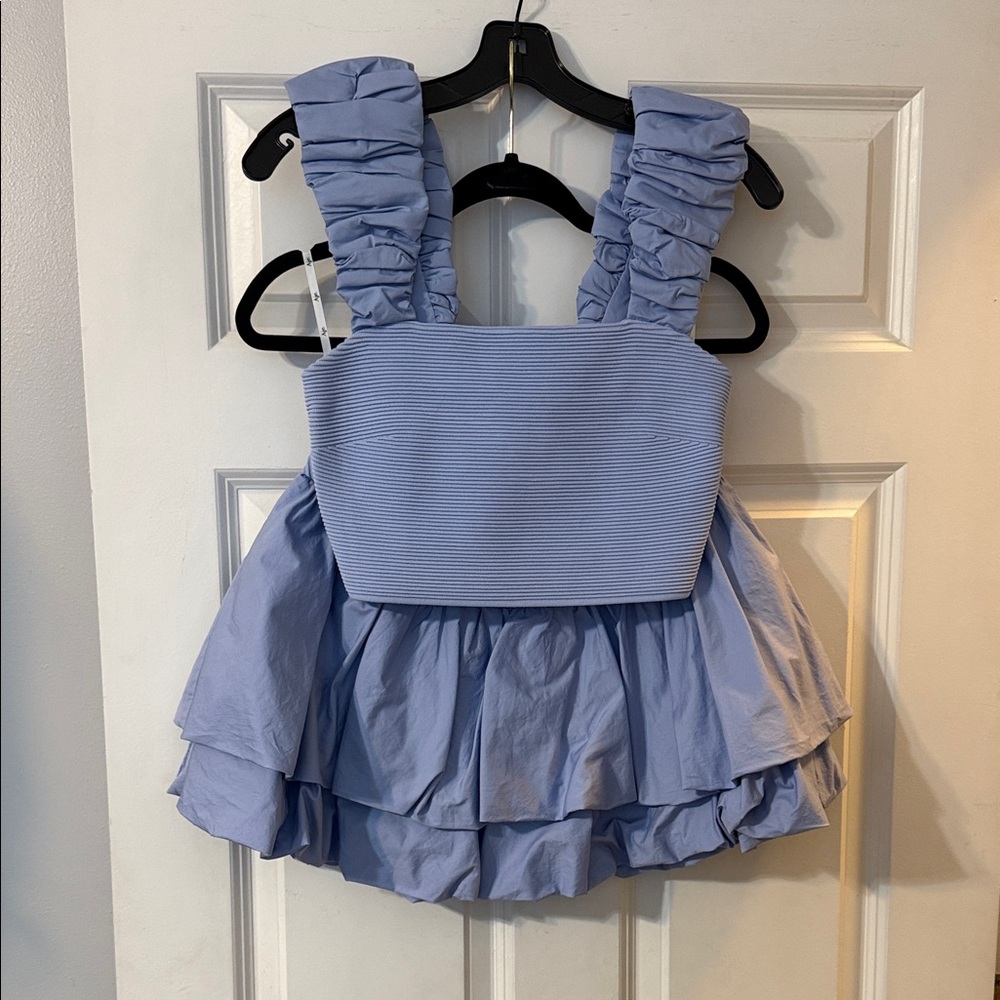 Light Blue Cropped Top with High Waisted Ruffled Tiered Mini Skirt